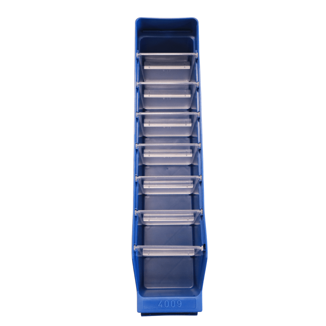 RackZone Standard Shelf Bin 400d x 90w x 95h Blue ST4009 with divider slots, top view.