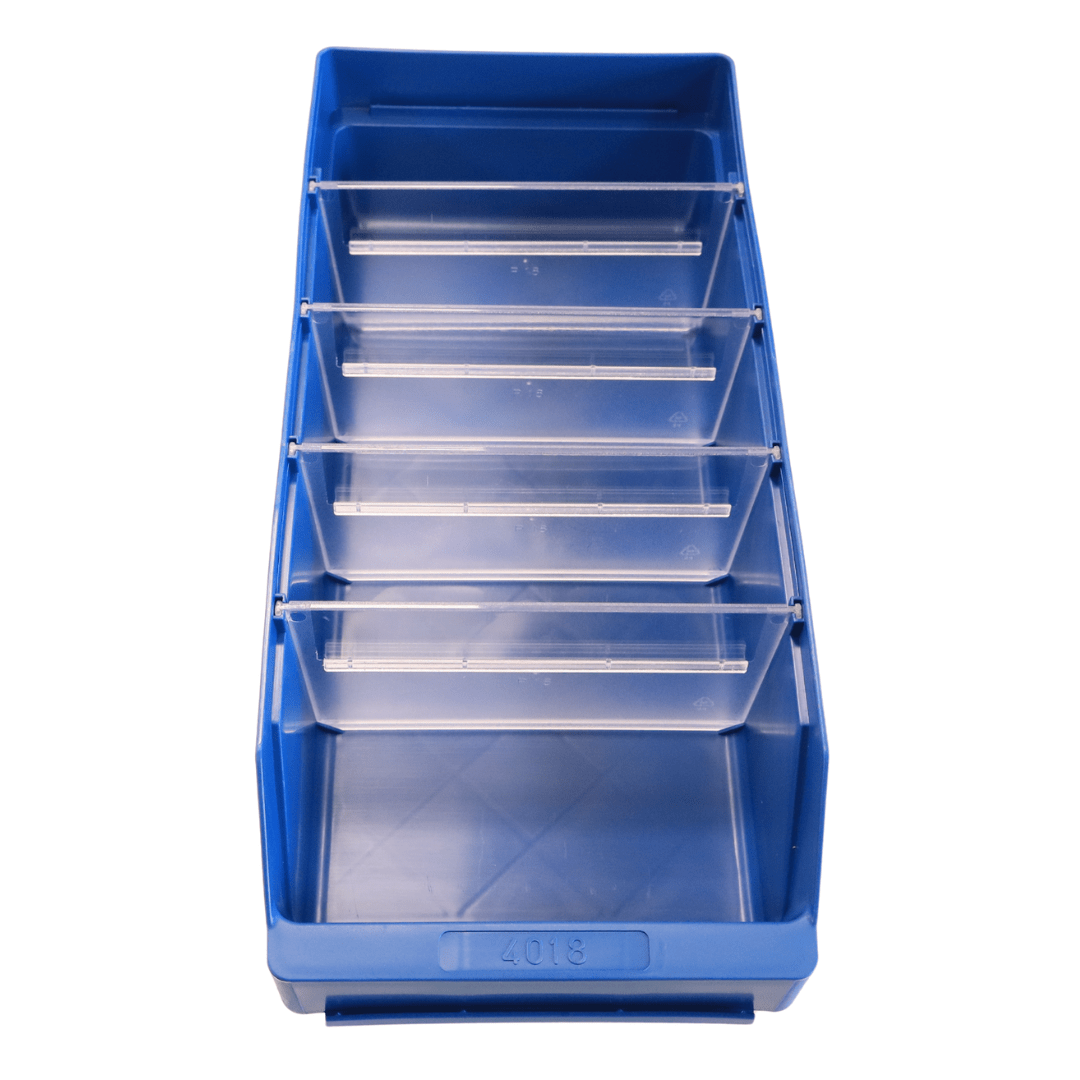 RackZone Standard Shelf Bin ST4018, blue with 5 dividers, for custom storage.