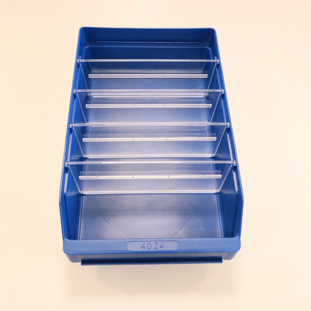 RackZone Standard Shelf Bin ST4024, blue with five dividers, top view.
