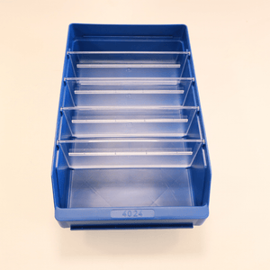 RackZone Standard Shelf Bin ST4024, blue with five dividers, top view.