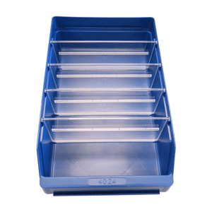 RackZone Standard Shelf Bin ST4024 in blue with five clear dividers, top view.