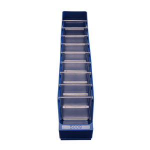 A blue RackZone ST5009 bin with 10 clear compartments for modular storage.