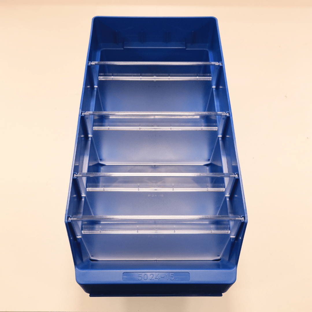 RackZone Standard Shelf Bin ST5024-15 Blue with clear dividers, 500x240x150mm.