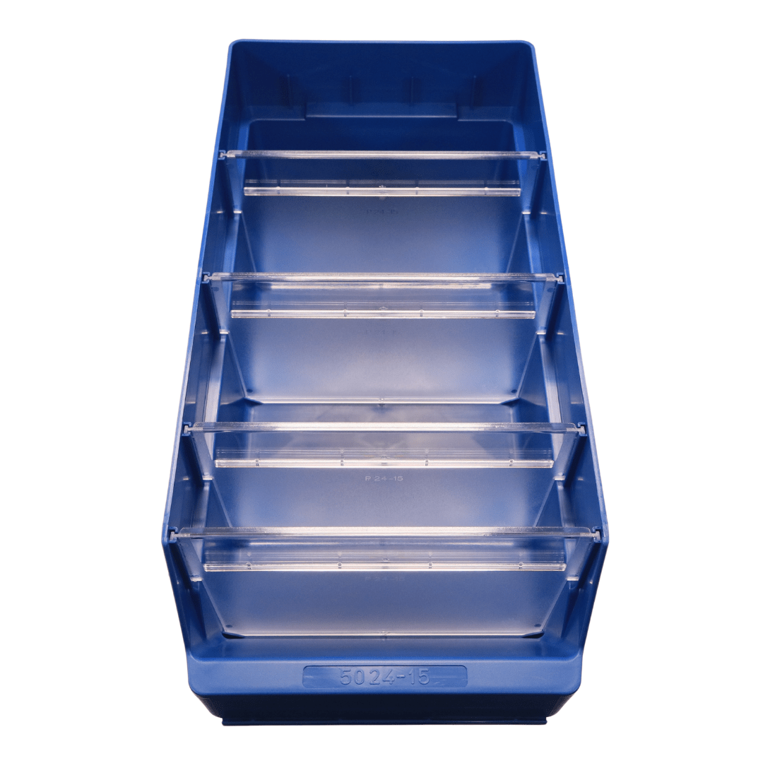 RackZone Standard Shelf Bin ST5024-15 Blue with divider slots, top view.