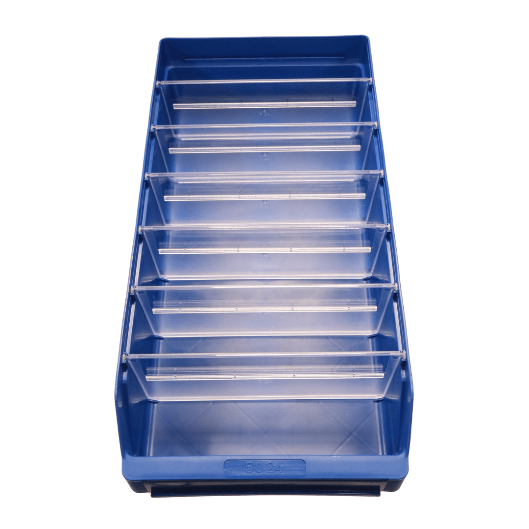 RackZone Standard Shelf Bin ST5024 Blue with clear dividers, top view.
