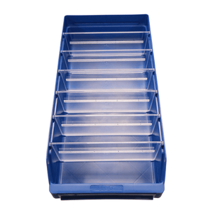 RackZone Standard Shelf Bin ST5024 Blue with clear dividers, top view.