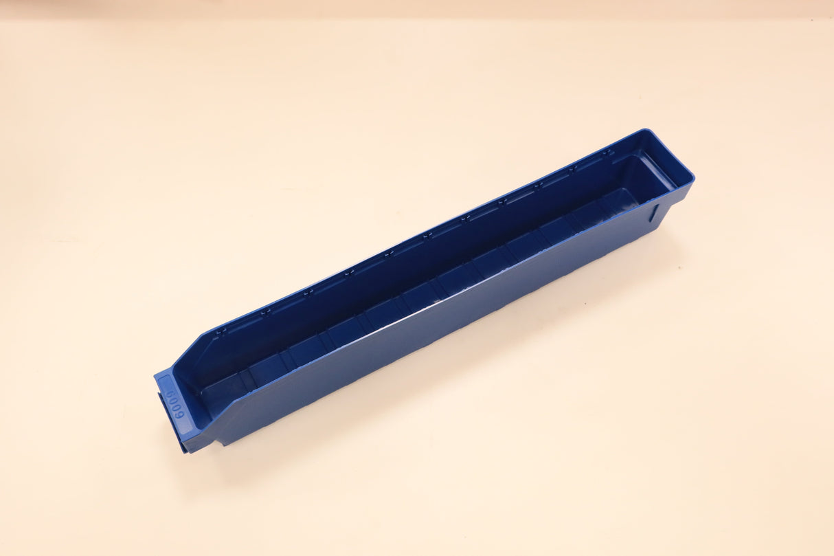 A blue RackZone ST6009 shelf bin on a light surface.