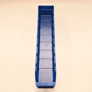 A blue RackZone Standard Shelf Bin ST6012 on a light surface.