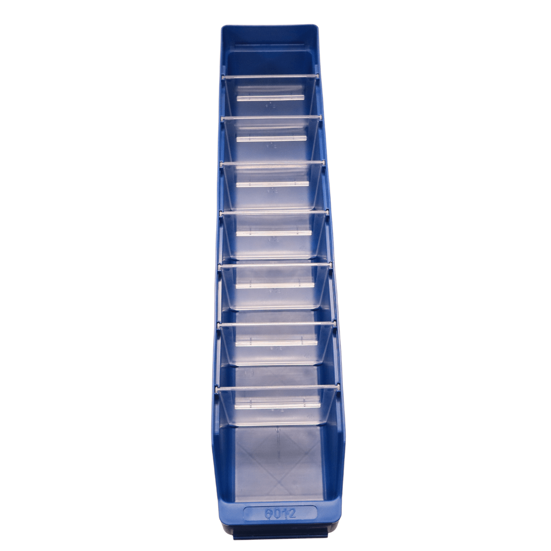 RackZone Standard Shelf Bin 600d x 120w x 95h Blue ST6012, top view with dividers.