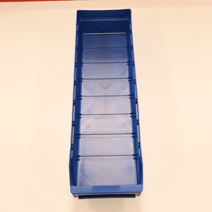 A blue RackZone ST6018 shelf bin sits on a white surface.