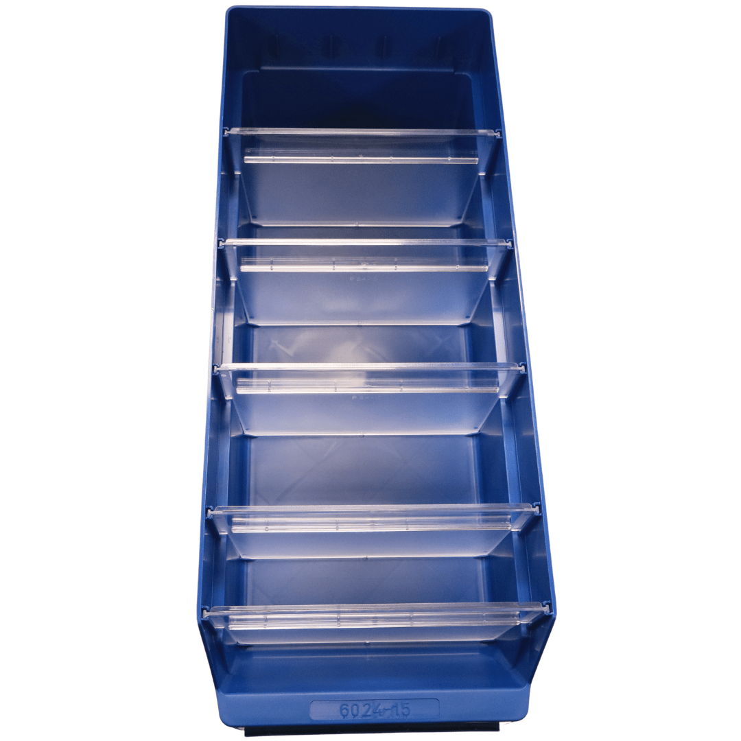 RackZone Standard Shelf Bin 600x240x150mm Blue ST6024-15 with 5 dividers.