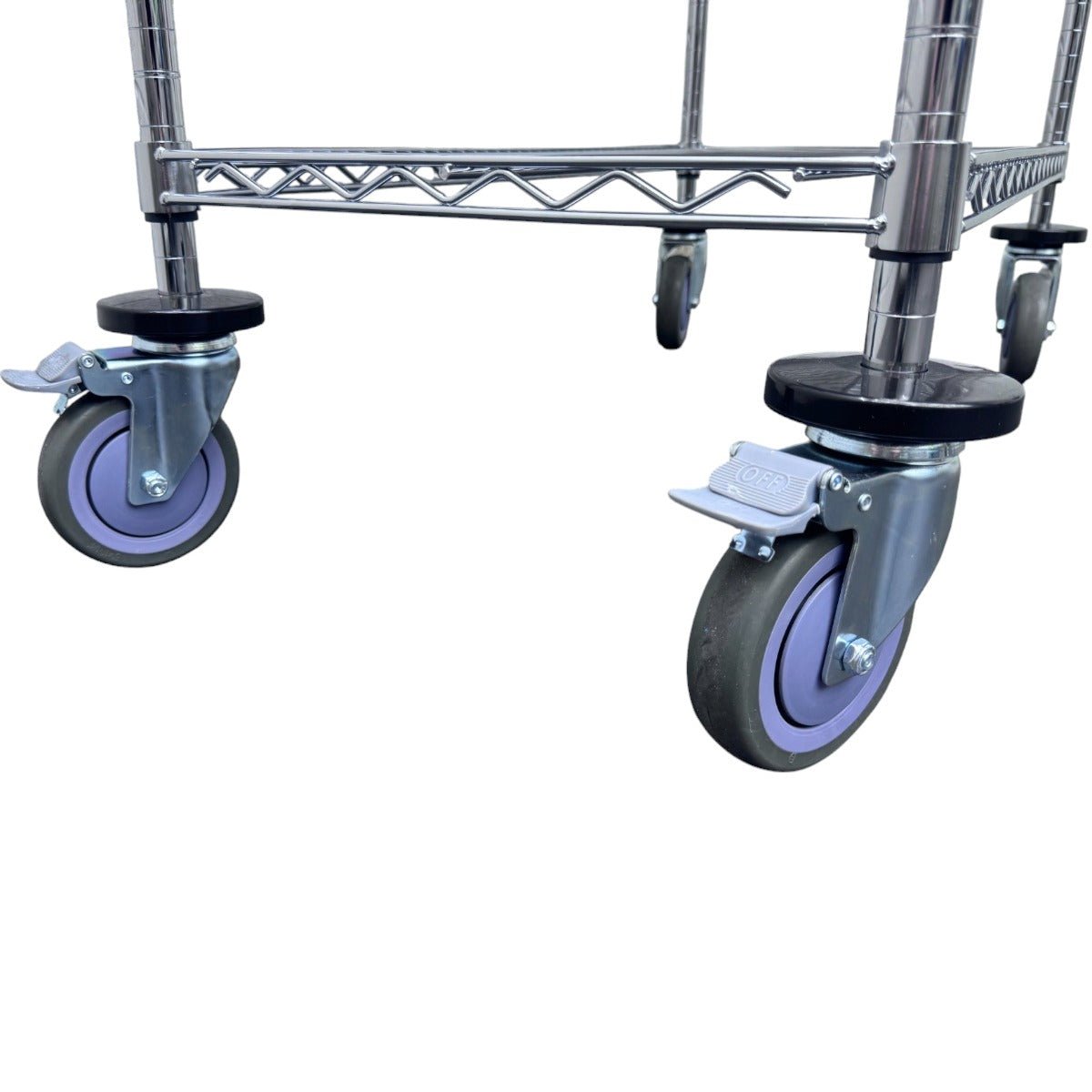 Close-up of RackZone Trolley's purple locking caster wheels.