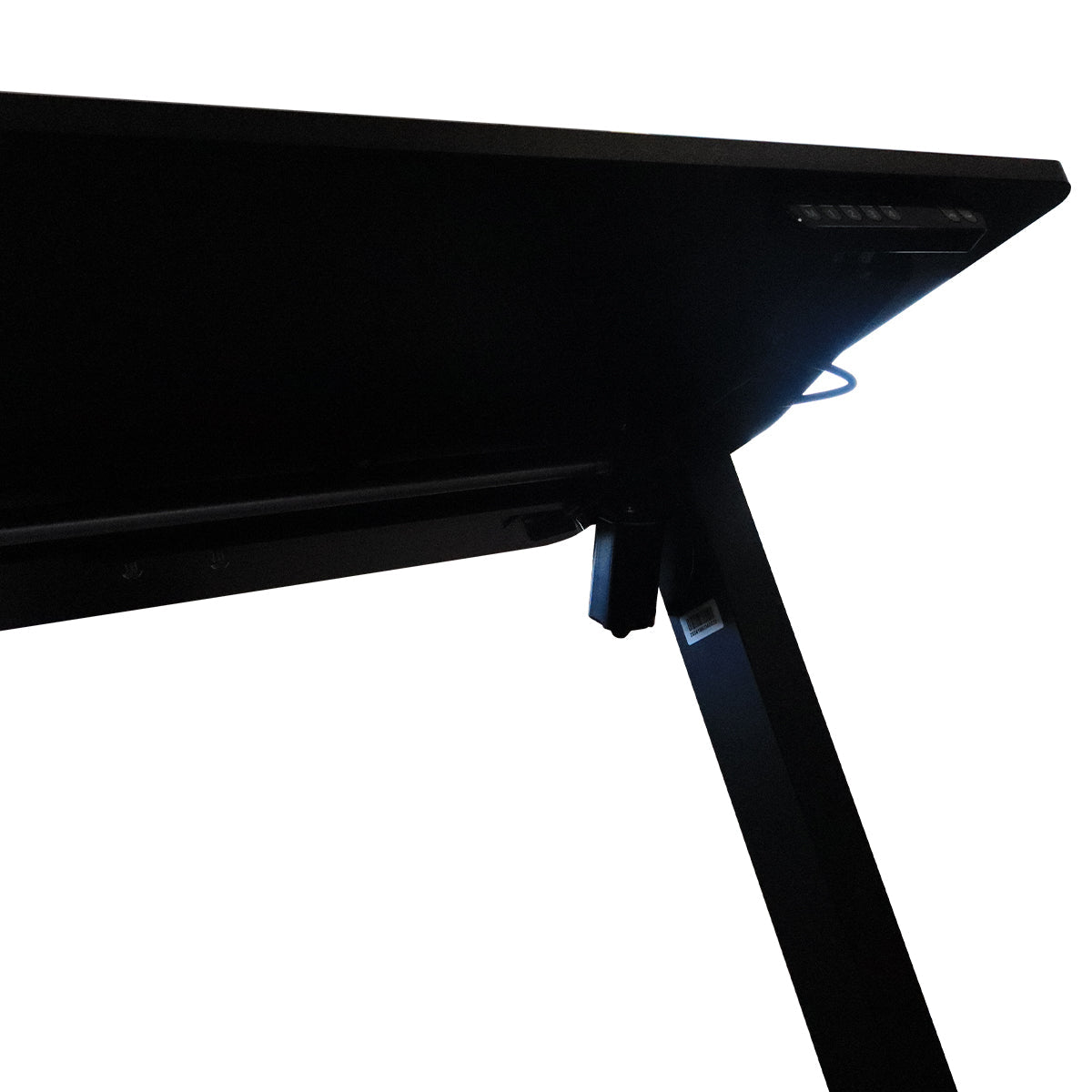 RackZone black single-motor sit-stand desk with angled legs and visible wiring.