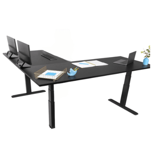 RackZone L-Shaped Sit-Stand Desk with computers, stationery, and a plant.