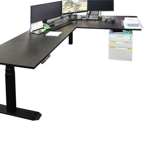 RackZone L-Shaped Sit-Stand Desk with electric height and office essentials.