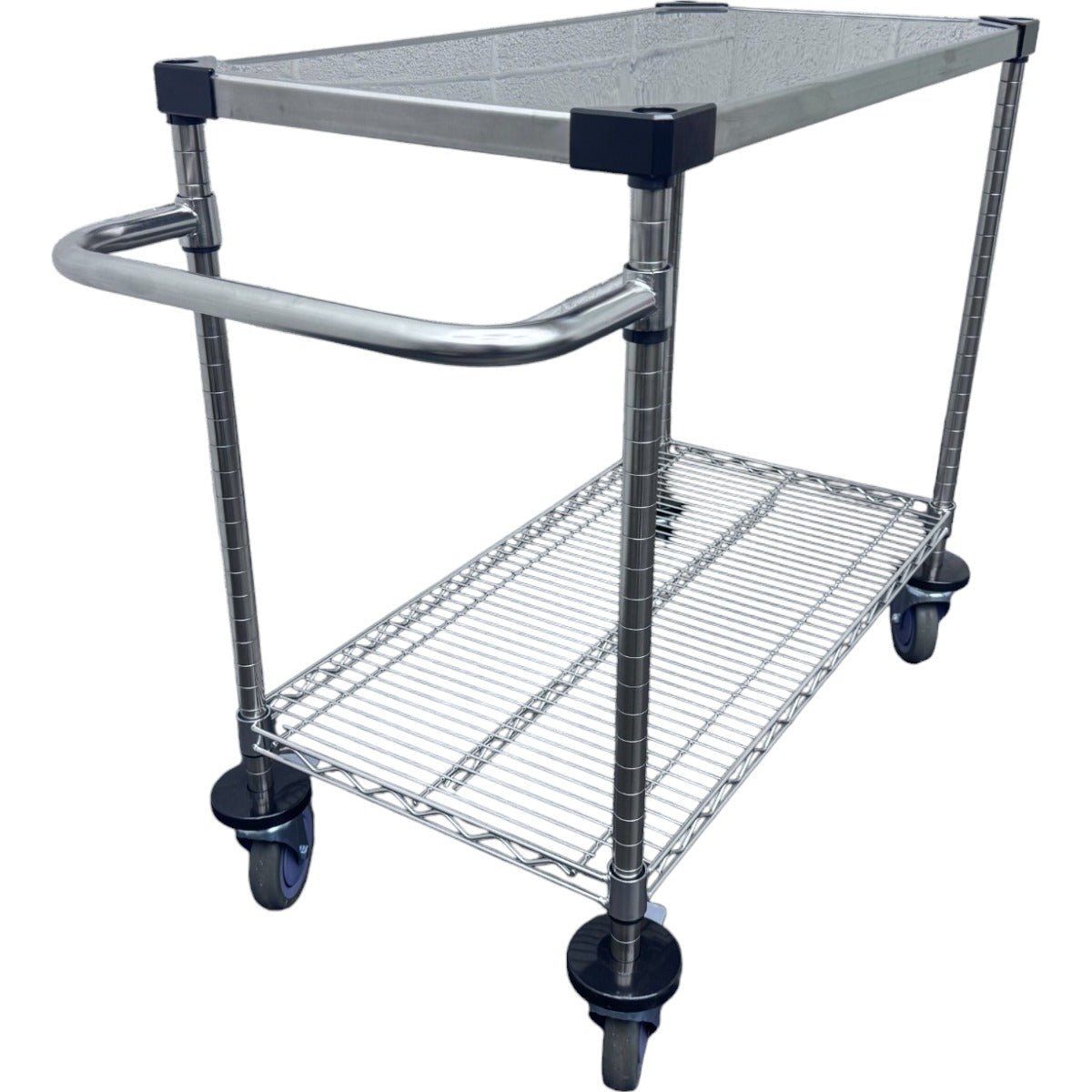 RackZone Stainless Steel Trolley, 2 Tier, 820H x 1060W x 460D, with wheels and handle.