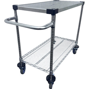 RackZone Stainless Steel Trolley, 2 Tier, 820H x 1060W x 460D, with wheels and handle.