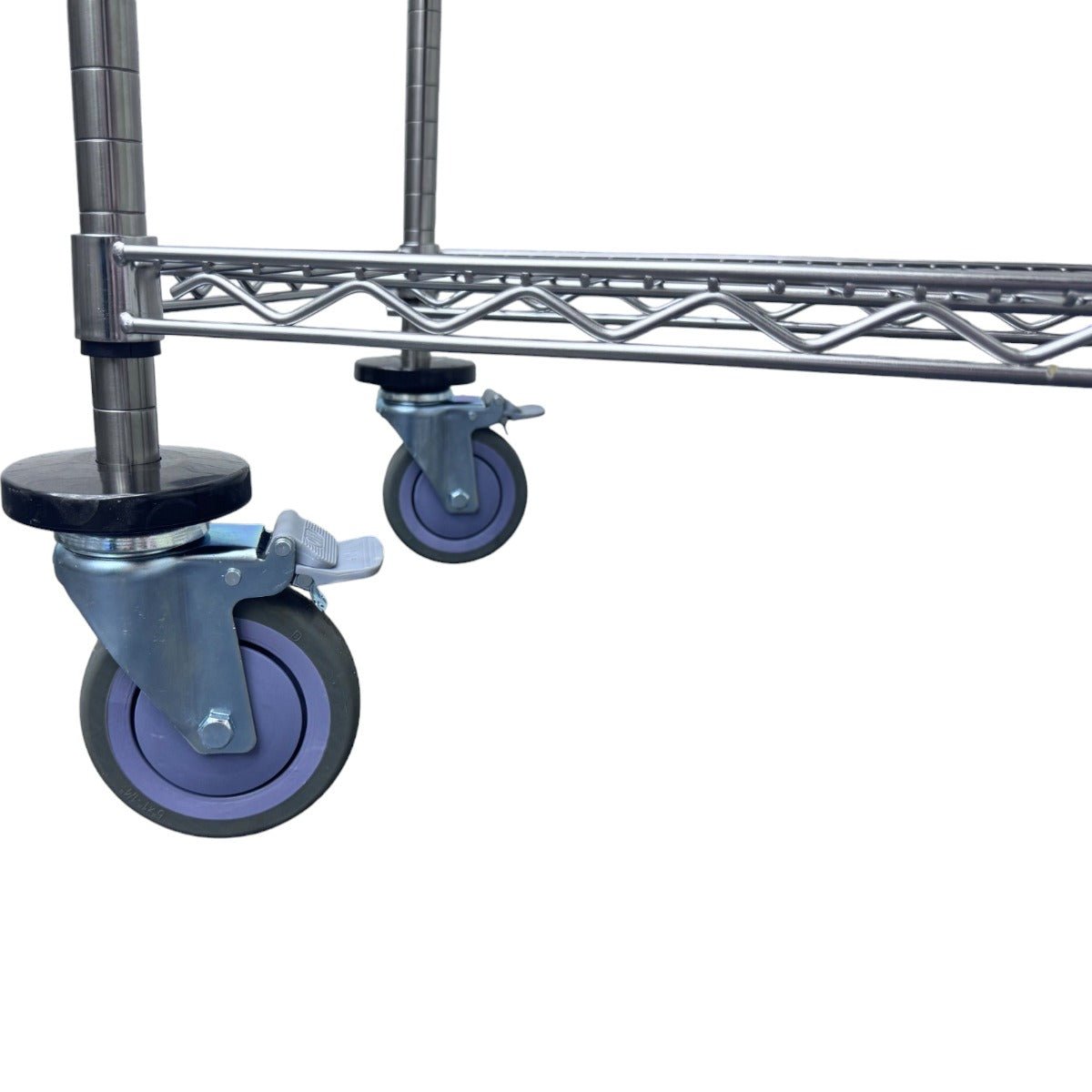 Close-up of caster wheels on RackZone Stainless Steel Trolley, 2 Tier.