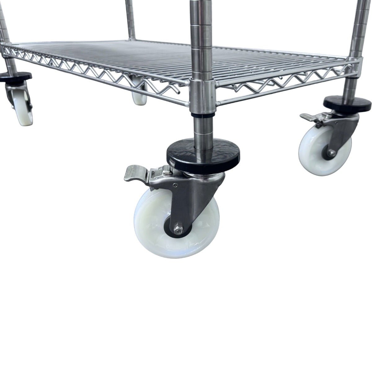 Close-up of RackZone Stainless Steel Trolley 3 Tier with four white caster wheels.