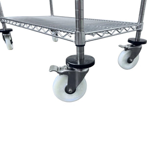 Close-up of RackZone Stainless Steel Trolley 3 Tier with four white caster wheels.