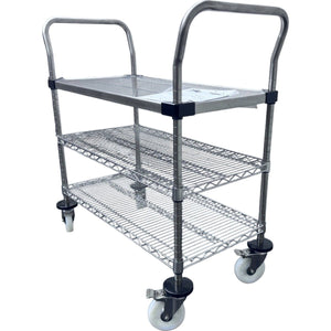 RackZone Stainless Steel 3-Tier Trolley, 1010H x 1000W x 460D, with wheels.