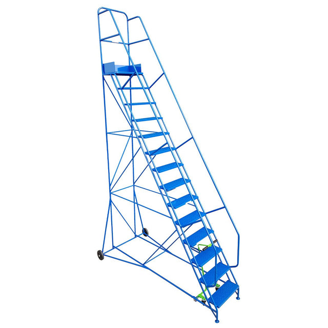 RackZone 13 tread industrial mobile step with handrails and 3250mm platform.