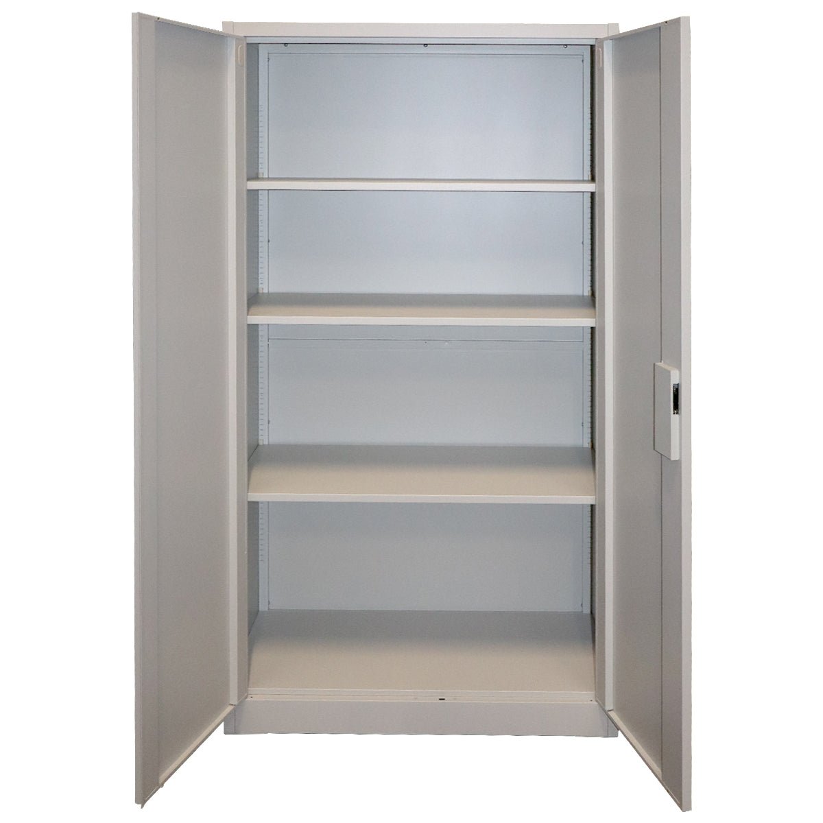 RackZone Premium Two Door Storage Cabinet Grey with four shelves and open doors.