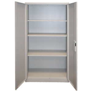 RackZone Premium Two Door Storage Cabinet Grey with four shelves and open doors.