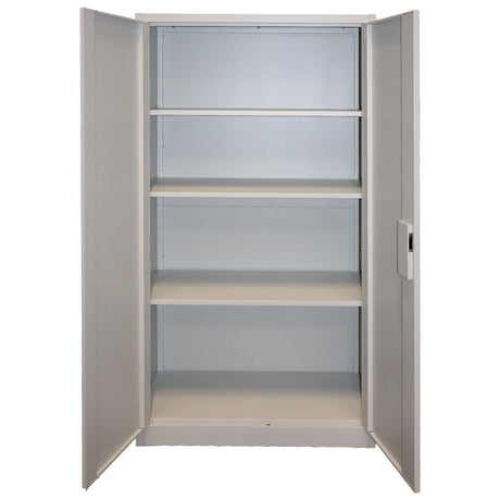 RackZone Premium Two Door Storage Cabinet Grey with four shelves and open doors.
