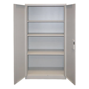 RackZone Premium Two Door Storage Cabinet Grey with open doors and 4 shelves.