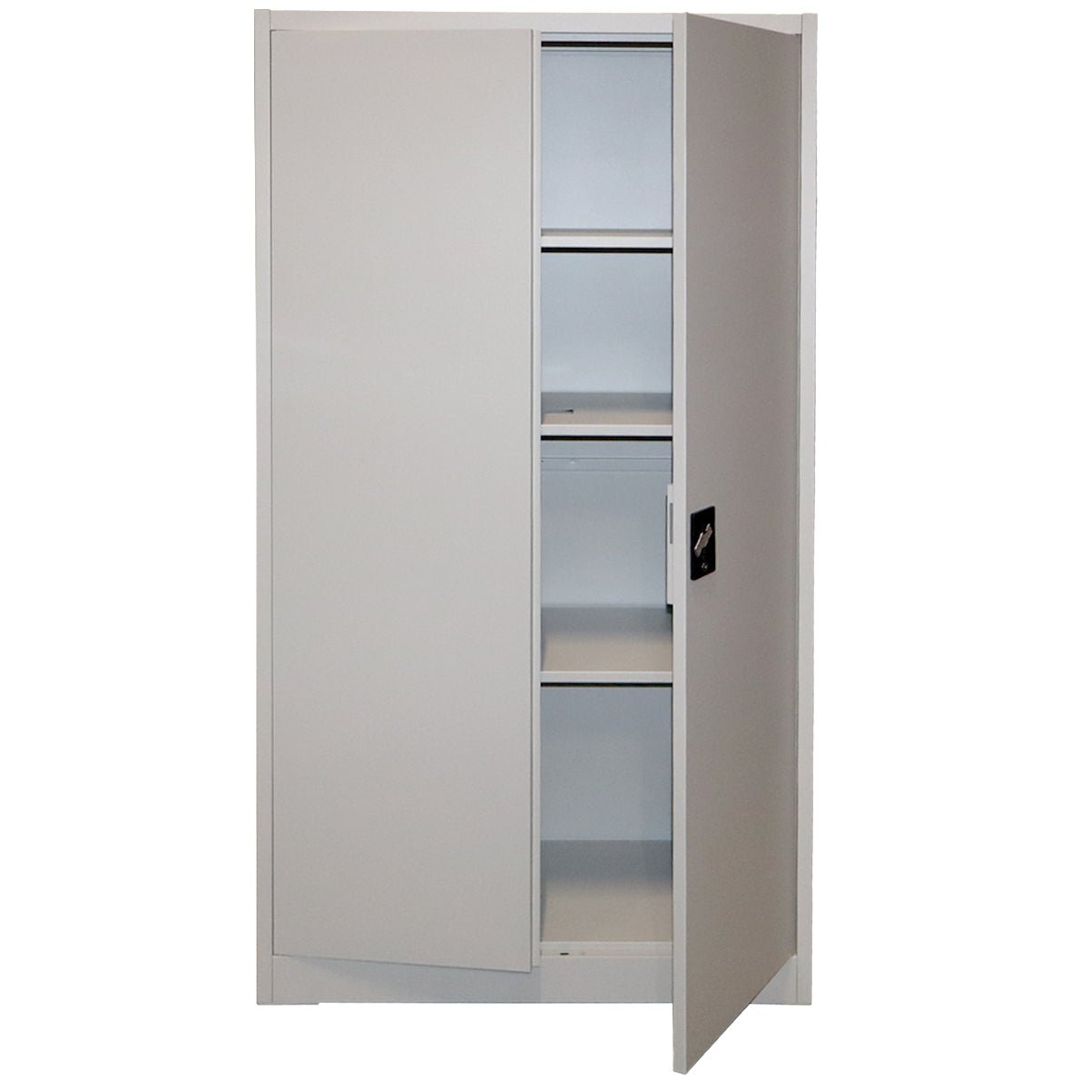 RackZone Premium Two Door Storage Cabinet in grey with shelves shown inside.