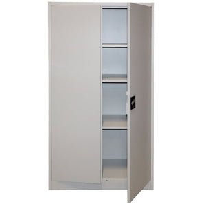 RackZone Premium Two Door Storage Cabinet in grey with shelves shown inside.