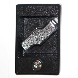 Close-up of RackZone’s Premium Two Door Storage Cabinet Grey on black panel.