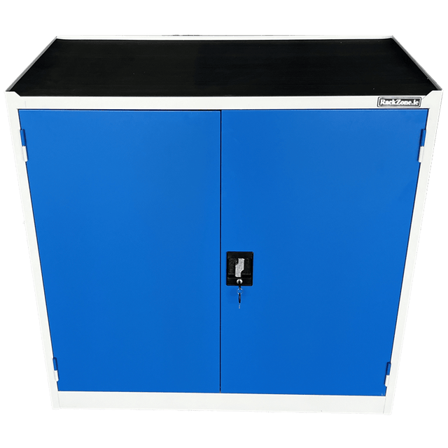 RackZone Two Door Storage Cabinet with locking doors and adjustable shelves.