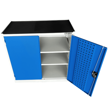 RackZone Two Door Storage Cabinet, blue, shelves & pegboard, locking doors.