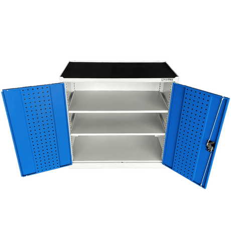 RackZone Two Door Storage Cabinet with lockable doors and adjustable shelves.