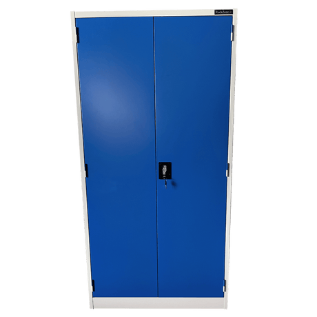 RackZone Wall-Zone grey/blue steel cabinet with lockable black handle.