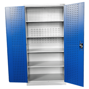 RackZone grey/blue storage cabinet with 4 shelves and perforated doors.