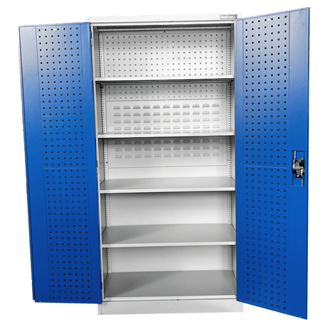 RackZone grey/blue storage cabinet with 4 shelves and perforated doors.
