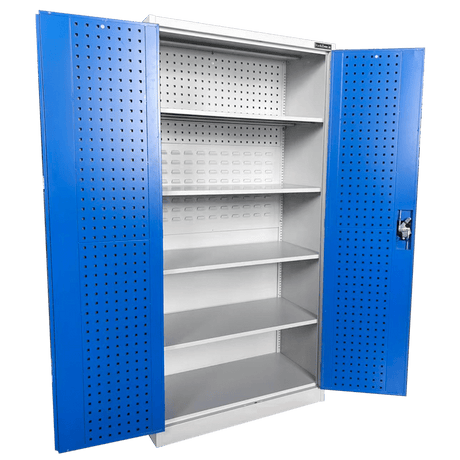 RackZone Wall-Zone grey/blue cabinet, 4 shelves, perforated doors, 1830H.