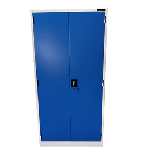 RackZone Two Door Storage Cabinet with locks and adjustable shelves, blue steel.