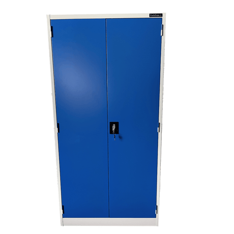 RackZone Two Door Storage Cabinet with locks and adjustable shelves, blue steel.