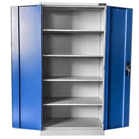 RackZone Two Door Storage Cabinet, 1830H x 914W x 457D, five adjustable shelves.