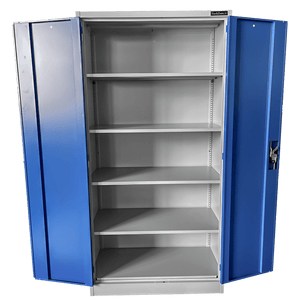 RackZone Two Door Storage Cabinet with blue locking doors and adjustable shelves.