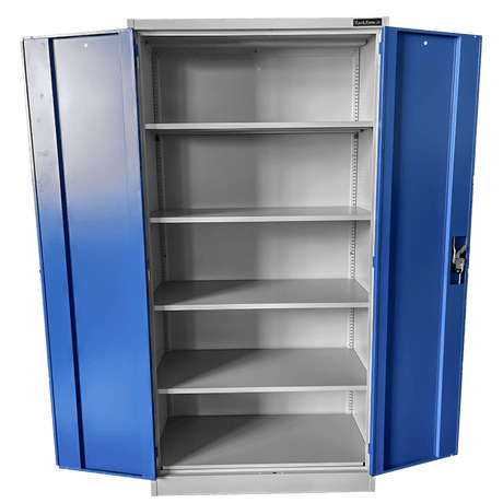 RackZone Two Door Storage Cabinet with blue locking doors and adjustable shelves.