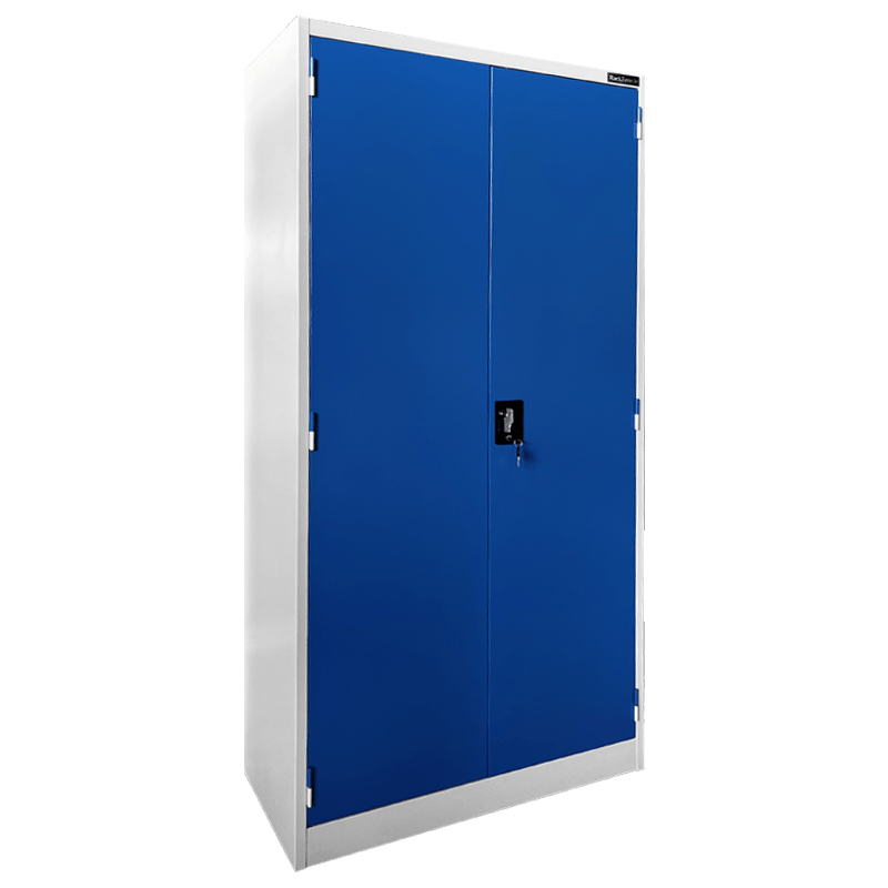 RackZone Two Door Storage Cabinet with blue locking doors and adjustable shelves.