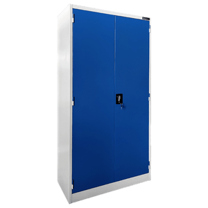 RackZone Two Door Storage Cabinet with blue locking doors and adjustable shelves.