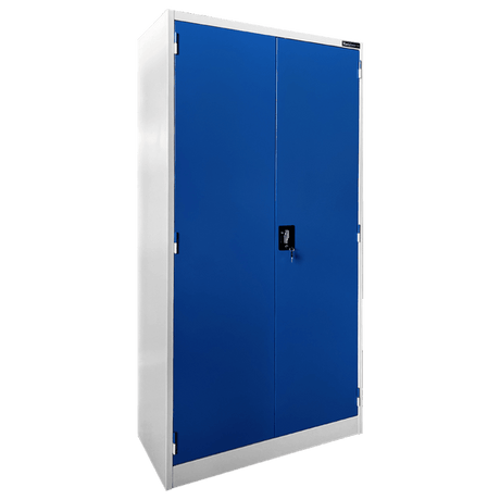 RackZone Two Door Storage Cabinet with blue locking doors and adjustable shelves.