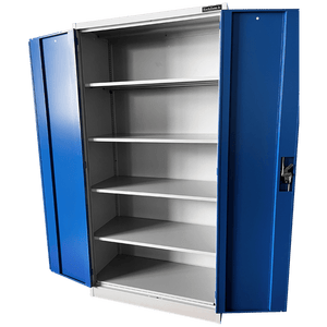 RackZone Two Door Storage Cabinet, 1830H x 914W x 457D, five adjustable shelves.