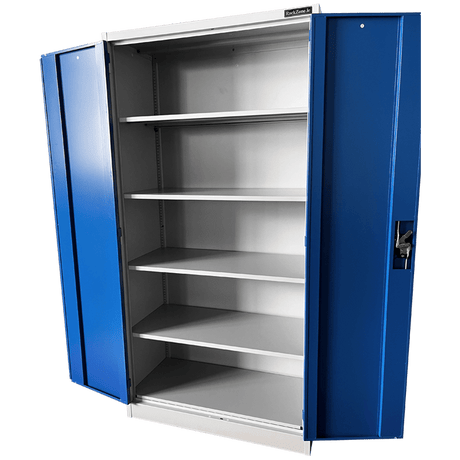 RackZone Two Door Storage Cabinet, 1830H x 914W x 457D, five adjustable shelves.